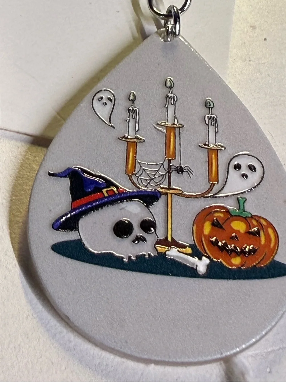 Hypoallergenic Spooky Halloween Teardrop Earrings | Skull Candelabra Pumpkin